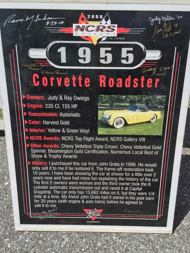 Owner display placard for a restored Harvest Gold Blue Flame Six car, retained as show-history context and not treated as factory documentation or independent authentication.