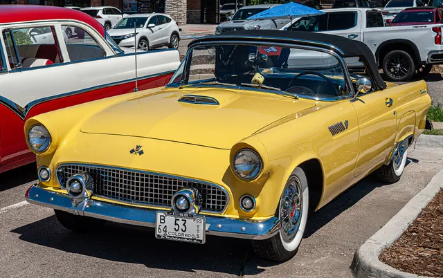 Goldenrod Yellow 1955 Thunderbird illustrating one of the five documented regular factory colors; the individual car's finish and equipment remain subject to its data plate and history.
