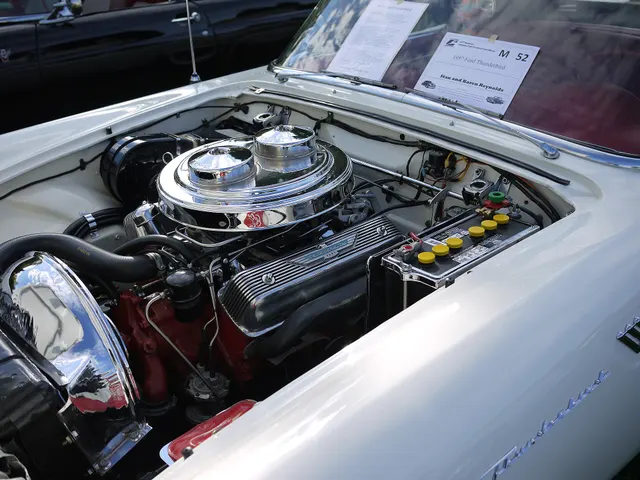 Restored dual-quad Y-block engine bay illustrating E-code-style induction; components and finishes are not originality proof.