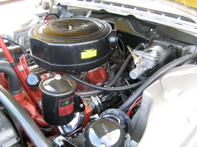 Production-style 1957 Rebel 327 engine with Carter four-barrel induction; individual component originality is not asserted