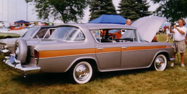 1957 Rebel rear view showing the hardtop glass, trunk, lamps, bumper, and rear-quarter treatment