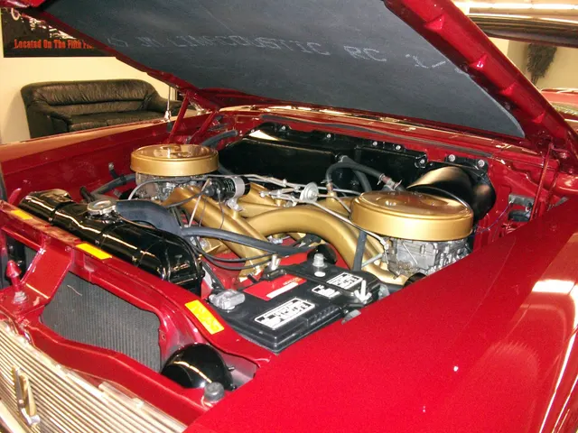 Engine-bay view of the reported 383 SonoRamic Fury retained for long-runner dual-four-barrel layout, air cleaners, linkage, fuel plumbing, cooling, brake assist, firewall, and accessory context; direct inspection and documentation control authenticity.