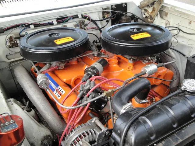 Ramcharger 413 installation in the same 1962 Dart 330, with the short-ram dual-quad layout visible. Component numbers still require inspection.