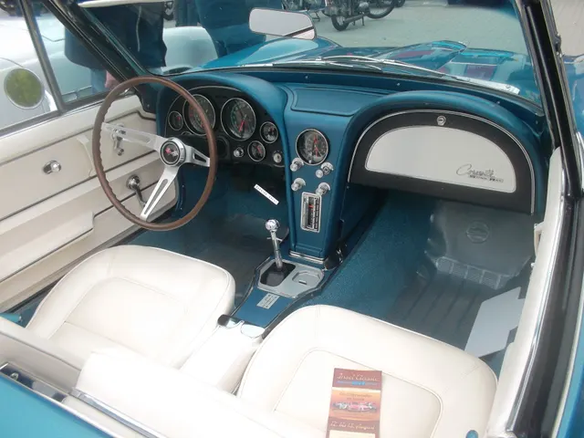 1965-category C2 convertible cabin showing the twin-cowl dashboard, instruments, steering wheel, center console, four-speed controls, seats, and door trim.