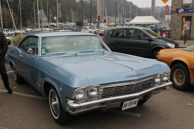 Stock-presenting 1965 Impala SS Sport Coupe front view showing the full-size body, grille, SS fender script, and wheel covers