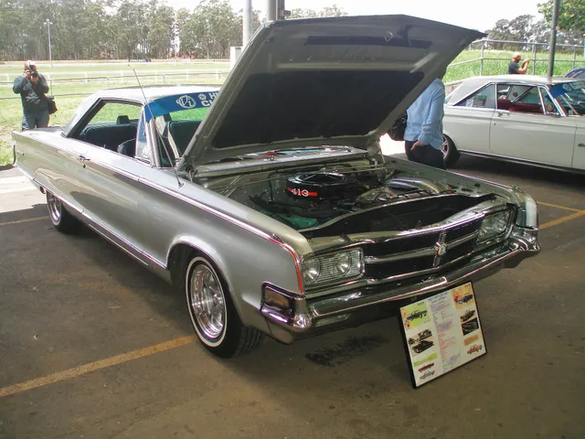 Exact-year engine bay showing a single-four-barrel 413 presentation; current components and finishes remain car-specific.