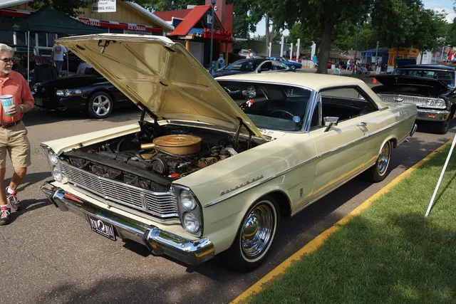Restored Galaxie 500 two-door hardtop with the hood open, retained for exterior and body context rather than engine-component identification