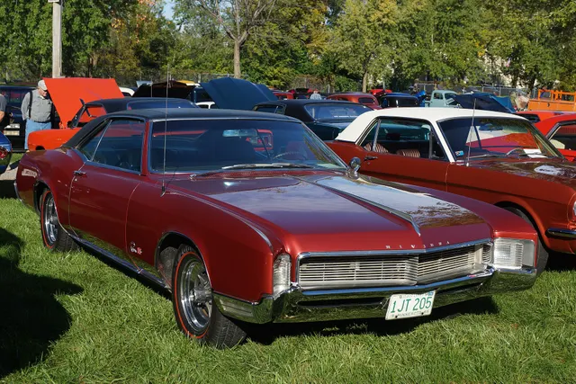 Blue 1966 Riviera Gran Sport, rear three-quarter view