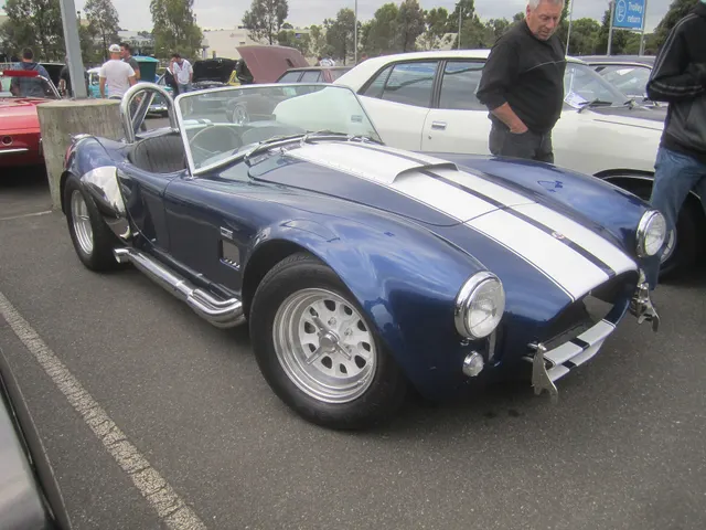 Exact-year 1966 AC Cobra 427 Mk III shown in S/C-style presentation with stripes, side exhaust, roll bar, and competition-style wheels. It is history context, not the regular street specification.