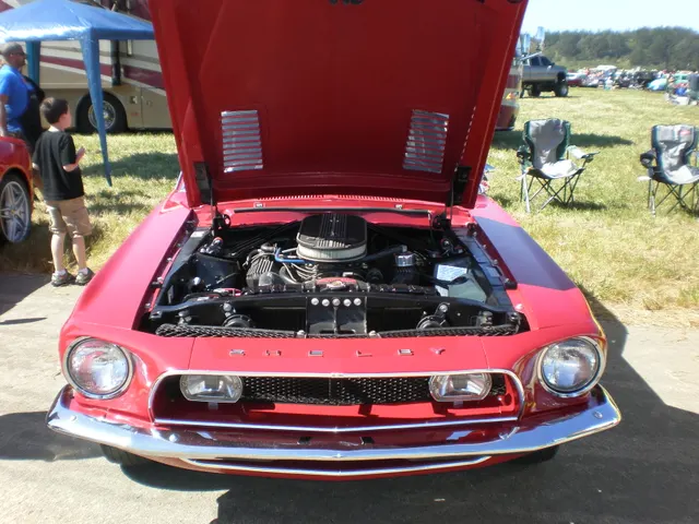 1967-68 red Shelby Mustang GT500 engine.JPG; reviewed as representative 1967 Shelby GT500 media, not proof of any individual car's originality.