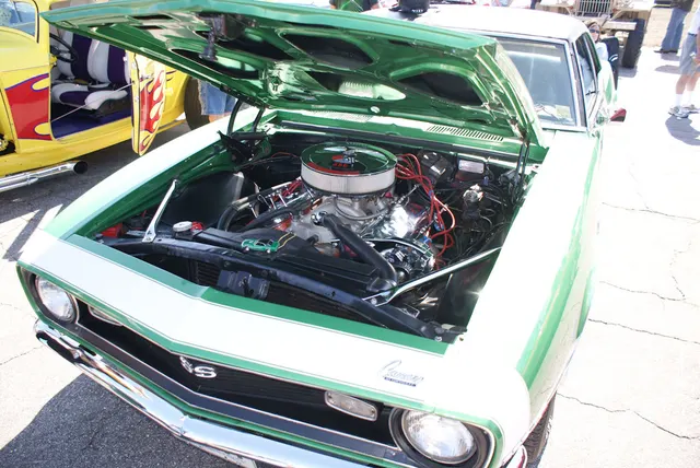 1968 Camaro SS 396 engine-bay view; component context only, not proof of original matching-numbers equipment.