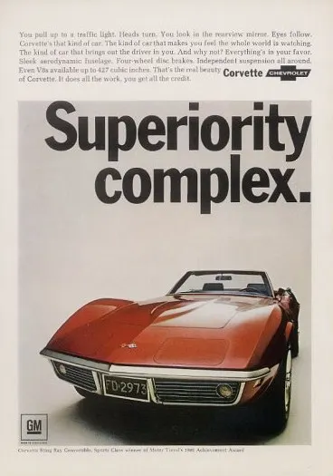 Period Chevrolet advertisement presenting the new 1968 Corvette and its four-wheel disc brakes, independent suspension, and two-seat sports-car identity.