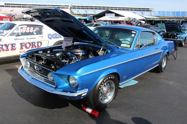 Stock-presenting 1968 Ford Mustang GT 428 Cobra Jet with its Ram Air engine bay open