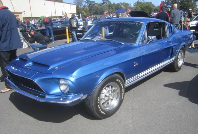 1968 Shelby GT500KR Fastback (cropped); representative 1968 Shelby GT500KR Acapulco Blue GT500KR exterior context, not proof of any individual car's originality.