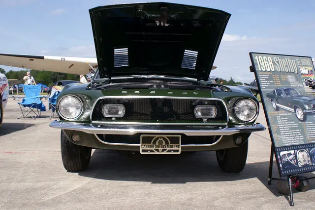 Ford Shelby Mustang 1968 GT500KR CobraJet HeadOn Mustang Meet FOF 17April2010 (14607469436); representative 1968 Shelby GT500KR GT500KR Cobra Jet front context, not proof of any individual car's originality.