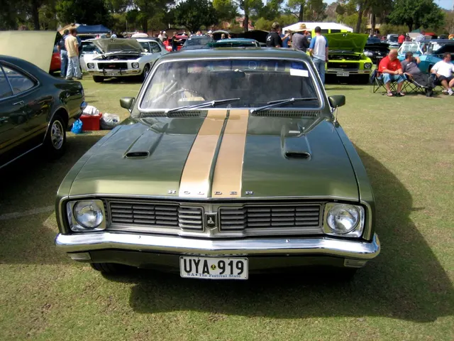 Regular HT Monaro exterior view documenting the unstriped body, restrained trim, wheel covers, plastic grille, and shared pillarless-coupe architecture.