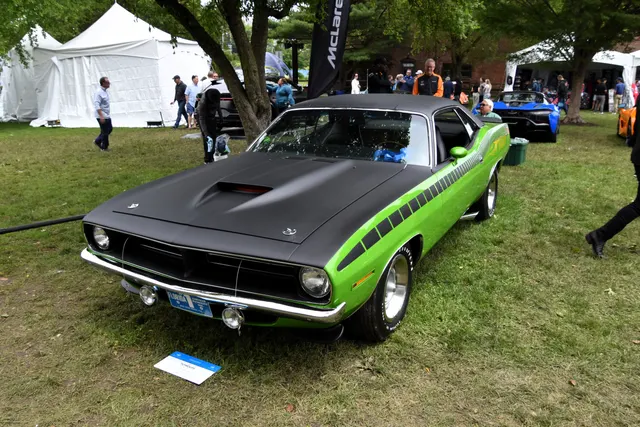 1970 Plymouth Barracuda assembled for SCCA homologation; captioned AAR context from a 2025 car-show photograph.