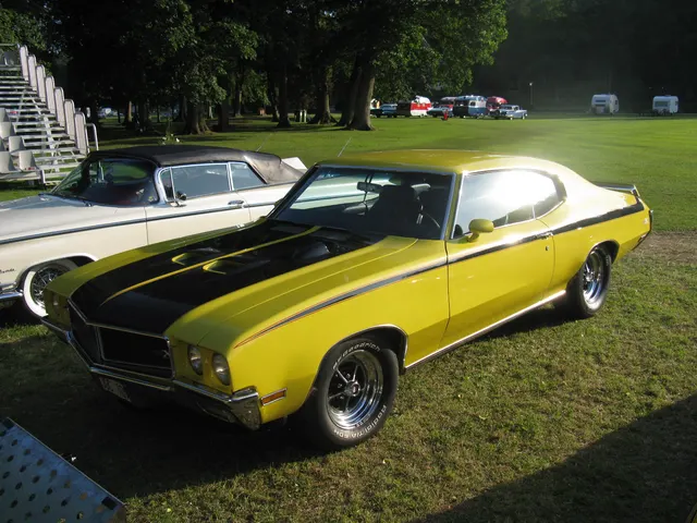 1970 Buick GSX front-quarter and side profile in Saturn Yellow; visible GSX equipment does not distinguish the base 455 from Stage 1