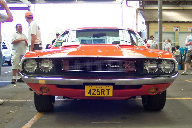1970 Dodge Challenger R/T 426 Hemi coupe side and stance view.