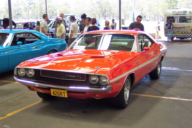 1970 Dodge Challenger R/T 426 Hemi coupe rear three-quarter view.