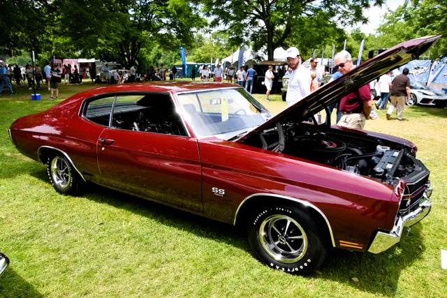 1970 Chevrolet Chevelle SS 454 front three-quarter view; representative exterior and hood context.