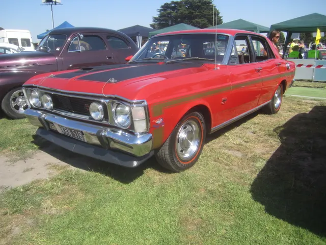 Track Red 1970 regular XW GT display view retained for body, stance, paint, stripe, and model-year context.