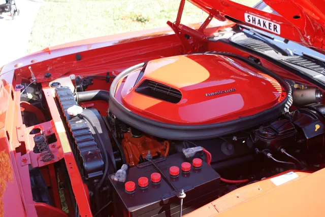 1970 Plymouth Barracuda Hemi engine bay at Lake Mirror Classic; representative 426 Hemi component context.