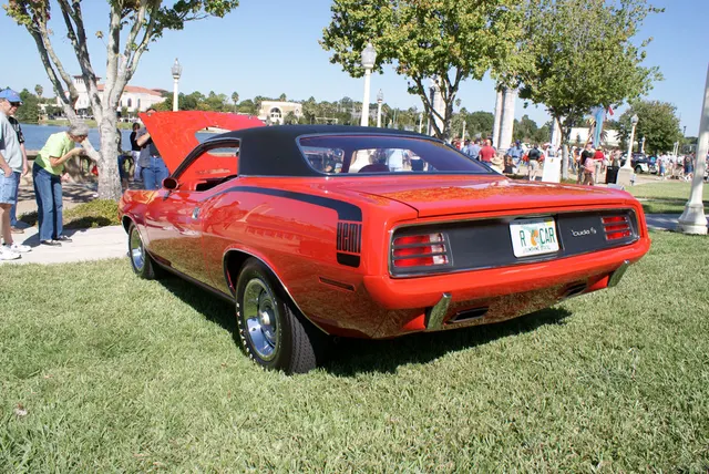 1970 Plymouth Barracuda Hemi left-rear view; representative quarter-panel and stripe context.