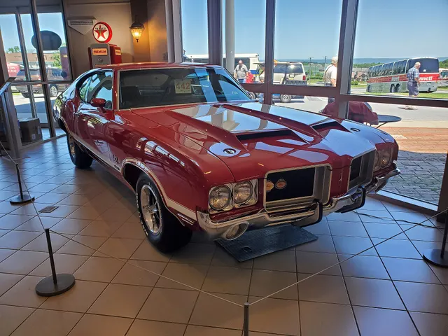 Front view of the 1970 Oldsmobile 442 W30 at the AACA Museum; used as W-30 nose and hood-detail context.