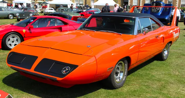 1970 Plymouth Superbird LC23 at London Concours; hardtop body and wing-car profile context.