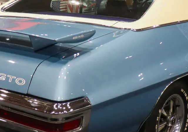Cropped rear and badge detail from approved Vauxford 1970 GTO Commons media.