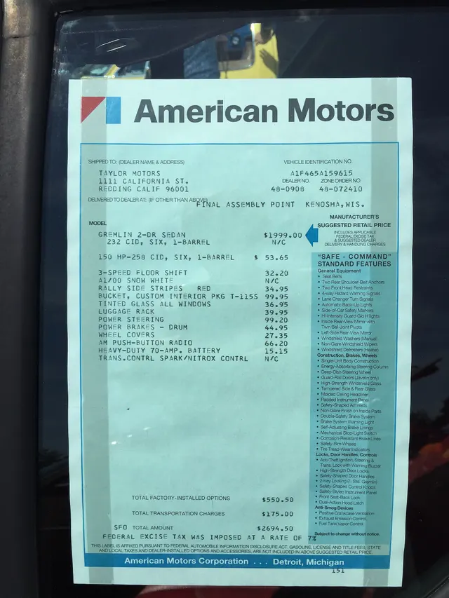 Exact-car window sticker retained as documentary context for a $1,999 four-passenger base MSRP, optional 258, floor shift, stripes, custom interior, steering, brakes, and other equipment; it does not price every Gremlin configuration.