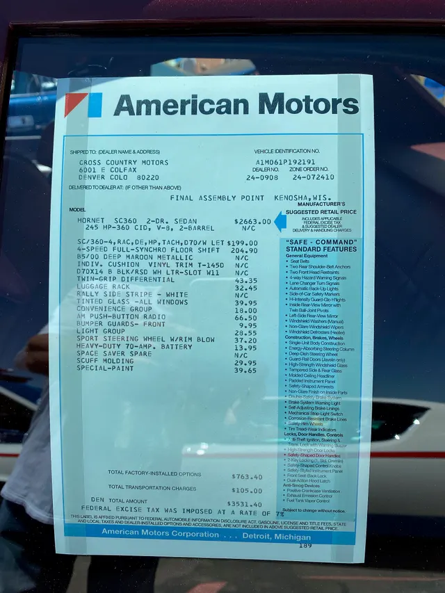 Original window sticker for VIN A1M061P192191 documenting base price, Go Package, four-speed, Twin-Grip, special paint, and delivery charge