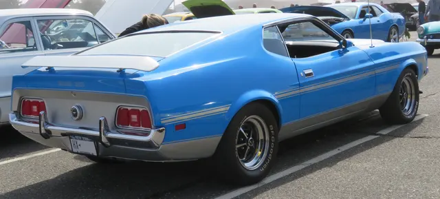 1971 Ford Boss 351 rear three-quarter view; reviewed for rear trim and graphics context.