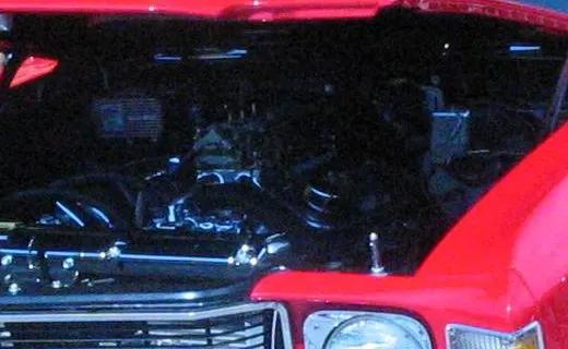 Local crop of the open engine bay from an approved 1971 Chevelle SS Commons photo; visual context only.