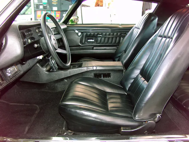 1971 Camaro SS cabin showing the bucket seats, console, dashboard, steering wheel, door trim, and automatic selector of the photographed car.