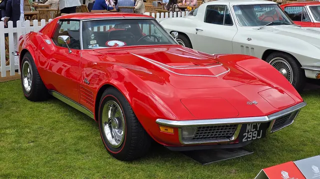 Red LT-1-labeled coupe showing the model-specific hood graphic and chrome-bumper body; visual details alone do not authenticate the drivetrain.