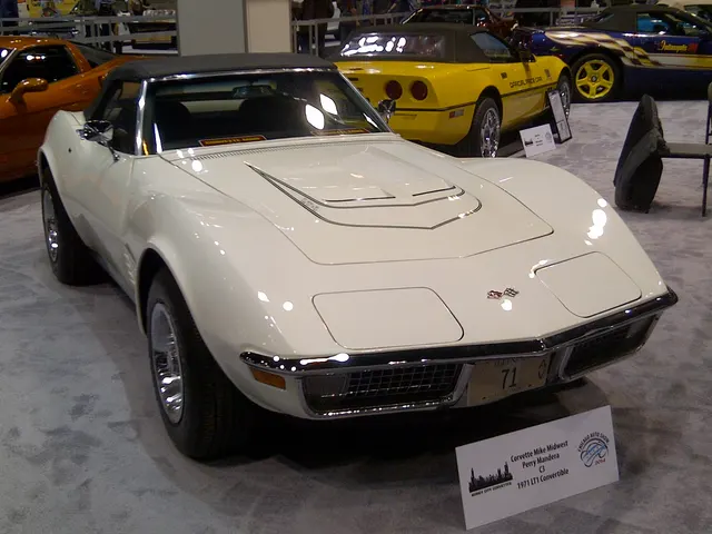 Front view of the displayed white LT-1 convertible showing its hood treatment and stripe; records remain necessary for LT-1 identity.