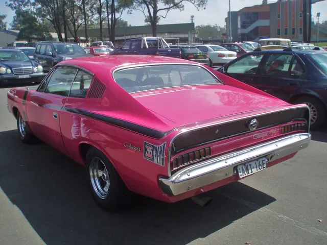 Exact-year Charger R/T rear view documenting side and tail graphics, 265 identifier, tail panel, lamps, bumper, fastback glass, and wheel presentation.
