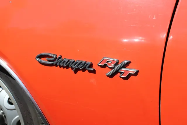 1971 Charger R/T fender badge detail; trim context rather than engine proof