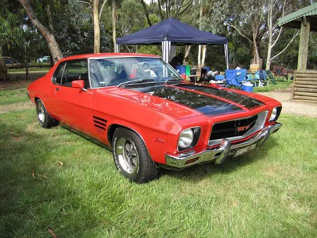 Exact-generation GTS front three-quarter view showing the GTS grille, fender vents, sports wheels, coupe profile, and later bonnet paint-out. The later graphic is not 1971 delivery evidence.