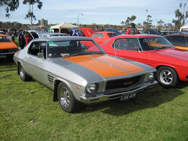Exact-generation GTS view showing later bonnet graphics alongside the GTS grille, vents, sports wheels, and coupe body. The graphic is explicitly excluded from 1971 authenticity guidance.