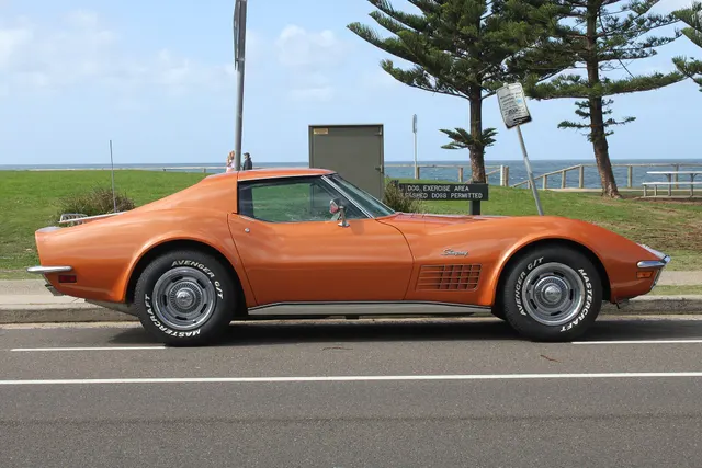 Side profile showing the C3 long hood, short two-seat cabin, roof panels, fender vents, and wheel placement.