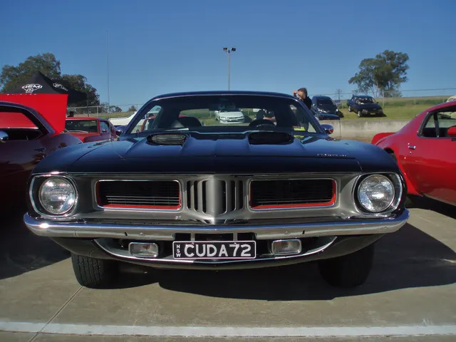 1972 Plymouth Cuda grille and performance-hood view; removable panels and trim do not authenticate the underlying car