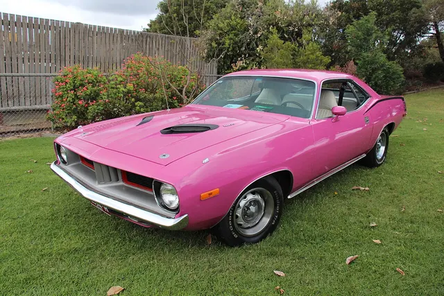 1972 Plymouth Cuda 340 front three-quarter view; paint and hood details are visual context, not proof of a specific car's factory build