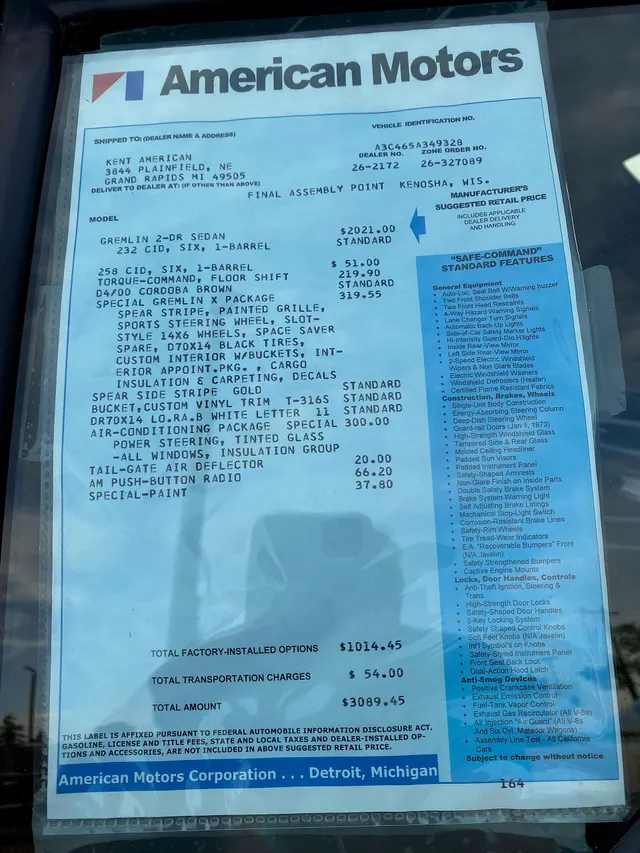 Exact-car window sticker retained for the $2,021 base amount and listed 258, Torque-Command, Gremlin X, air-conditioning, air-deflector, radio, and special-paint amounts. It prices this car, not every 1973 Gremlin configuration.