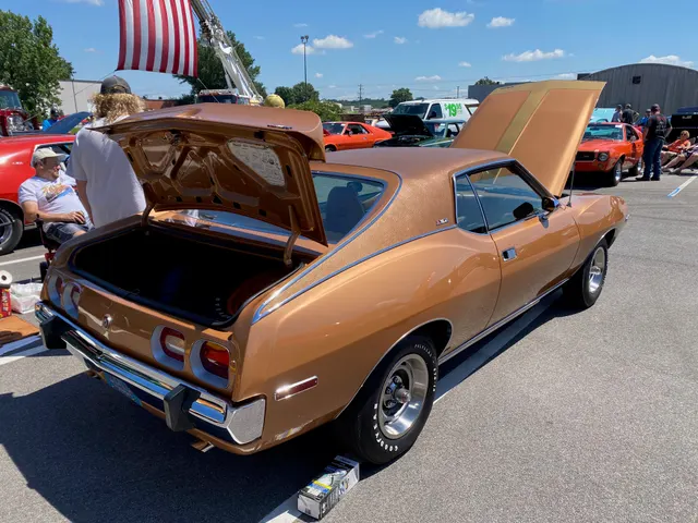Copper Tan 1973 Javelin AMX 360 automatic, rear three-quarter and trunk view