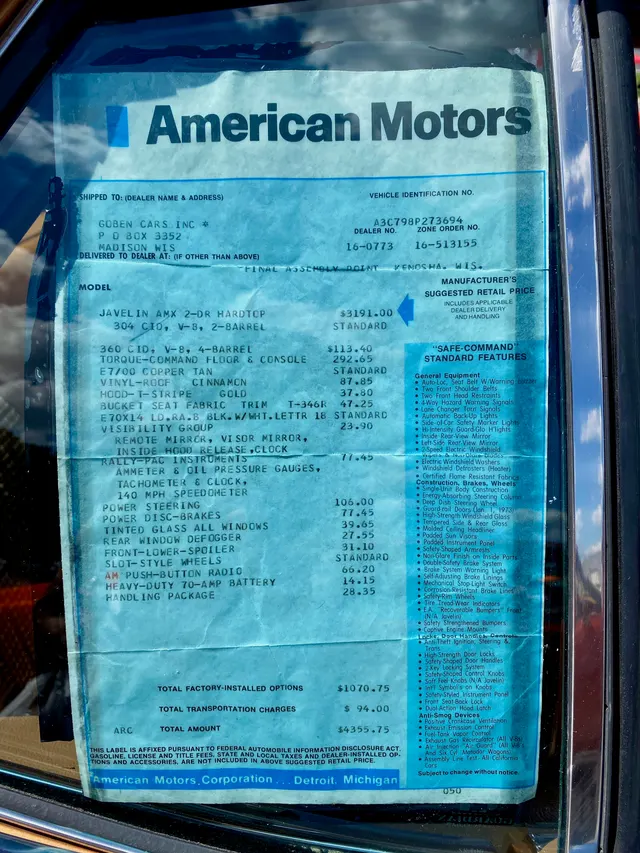 Surviving 1973 Javelin AMX 360 four-barrel window sticker with factory prices