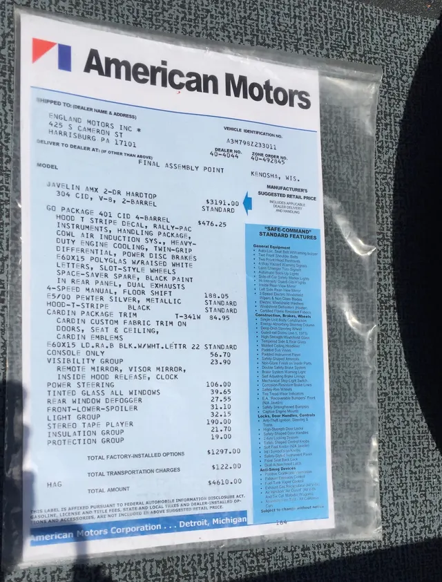 Surviving 1973 Javelin AMX 401 Go Package and Cardin window sticker