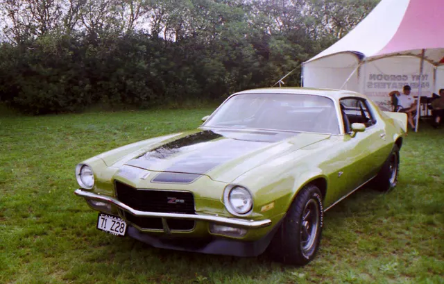 Green Gold 1973 Camaro Z28 in an older show photograph